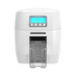 A white Magicard 600 Single-Sided ID Card Printer with a digital display and buttons, featuring an output slot at the bottom for high-quality ID card printing and secure ID card issuance. Sold by Specialist ID.