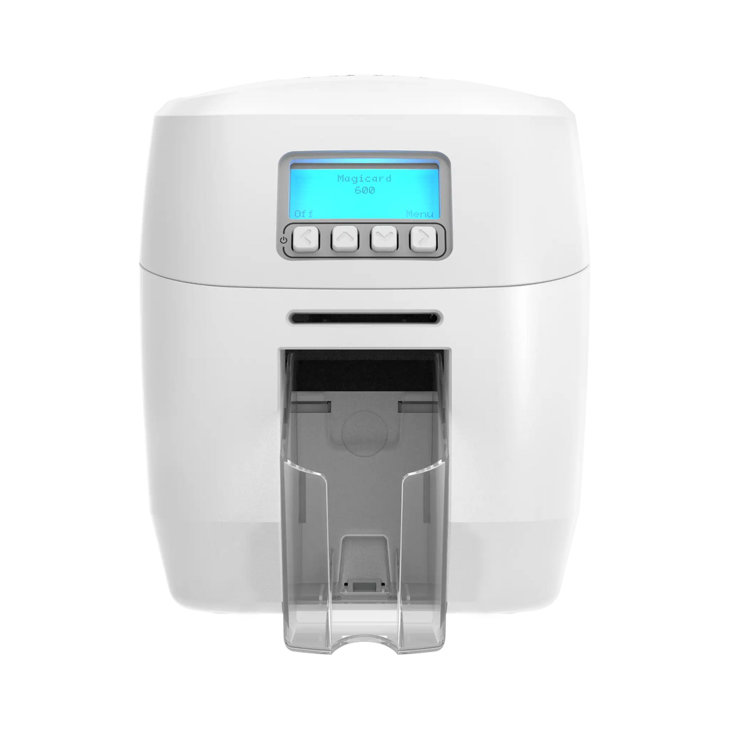 A white Magicard 600 Single-Sided ID Card Printer with a digital display and buttons, featuring an output slot at the bottom for high-quality ID card printing and secure ID card issuance. Sold by Specialist ID.