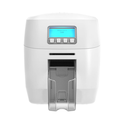 A white Magicard 600 Single-Sided ID Card Printer with a digital display and buttons, featuring an output slot at the bottom for high-quality ID card printing and secure ID card issuance. Sold by Specialist ID.