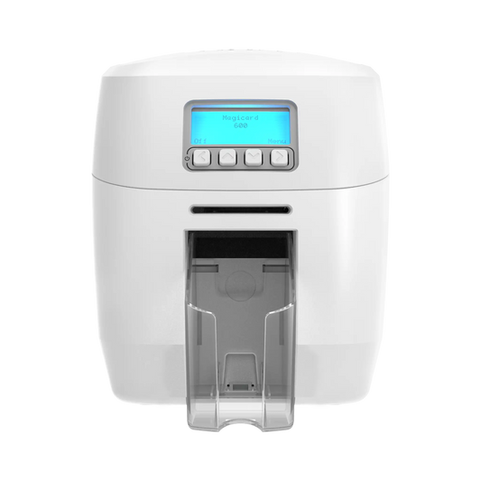 A white Magicard 600 Single-Sided ID Card Printer with a digital display and buttons, featuring an output slot at the bottom for high-quality ID card printing and secure ID card issuance. Sold by Specialist ID.