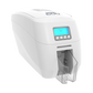 The Magicard 600 Single-Sided ID Card Printer in white provides high-quality ID card printing, featuring an illuminated digital display and control buttons on the front. It offers a 300 x 600 dpi resolution and includes a convenient card output tray at the bottom. Sold by Specialist ID.