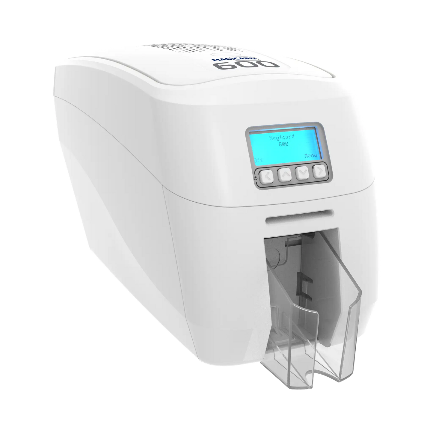 The Magicard 600 Single-Sided ID Card Printer in white provides high-quality ID card printing, featuring an illuminated digital display and control buttons on the front. It offers a 300 x 600 dpi resolution and includes a convenient card output tray at the bottom. Sold by Specialist ID.