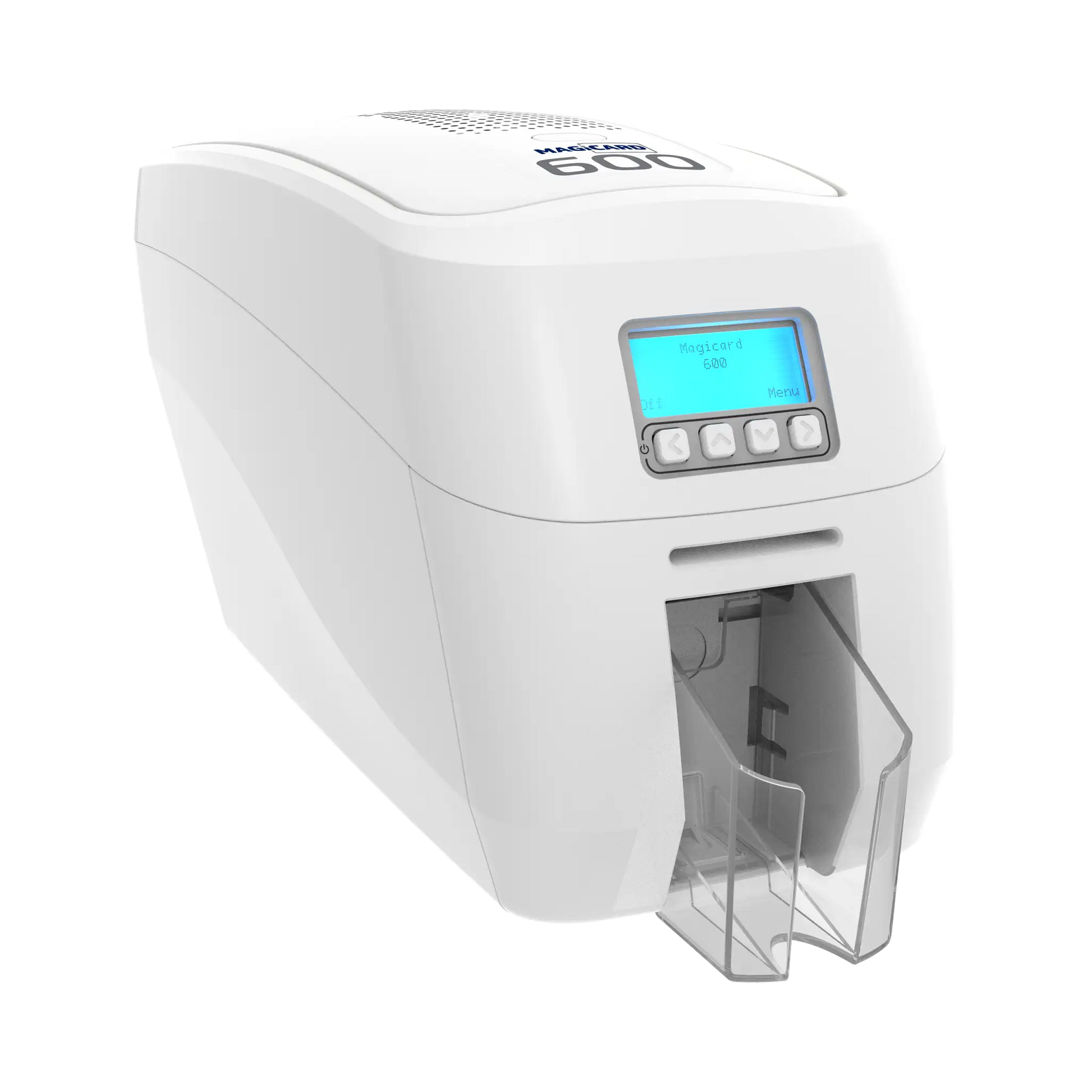 The Magicard 600 Single-Sided ID Card Printer in white provides high-quality ID card printing, featuring an illuminated digital display and control buttons on the front. It offers a 300 x 600 dpi resolution and includes a convenient card output tray at the bottom. Sold by Specialist ID.
