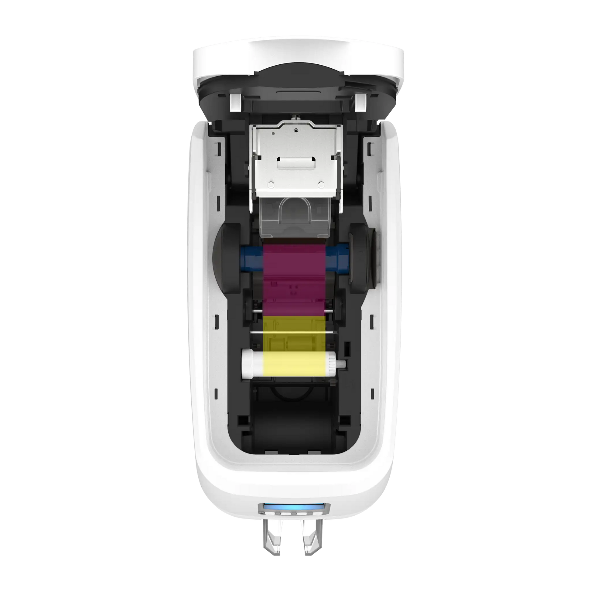 Top view of an open Magicard 600 Single-Sided ID Card Printer displaying its internal components, including color-coded cartridges in cyan, magenta, yellow, and black. The device boasts a resolution of 300 x 600 dpi for high-quality ID card printing. Sold by Specialist ID. 