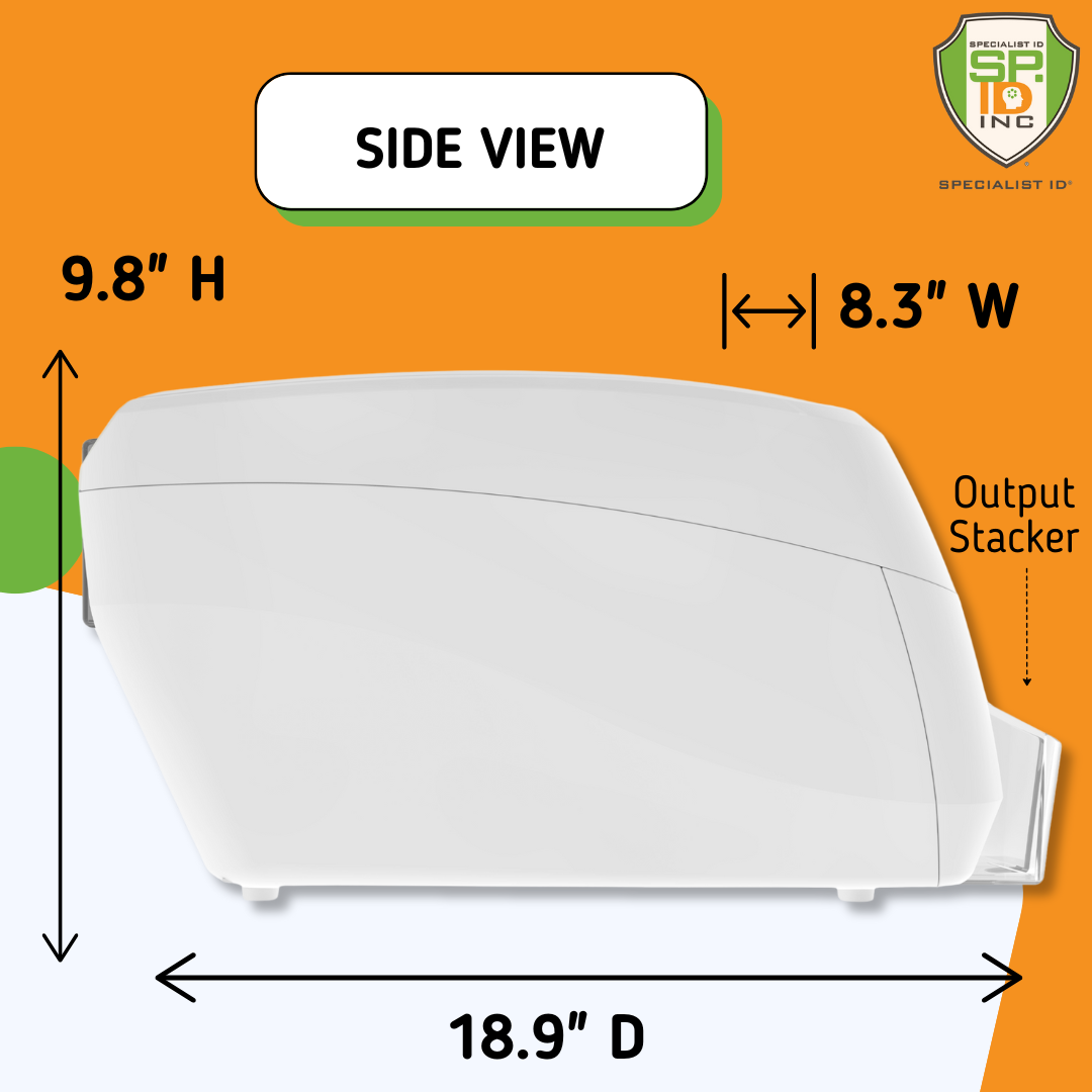 The Magicard 600 ID Card Printer in white, measuring 9.8 inches high, 8.3 inches wide, and 18.9 inches deep, with an output stacker on the right side. Sold by Specialist ID.