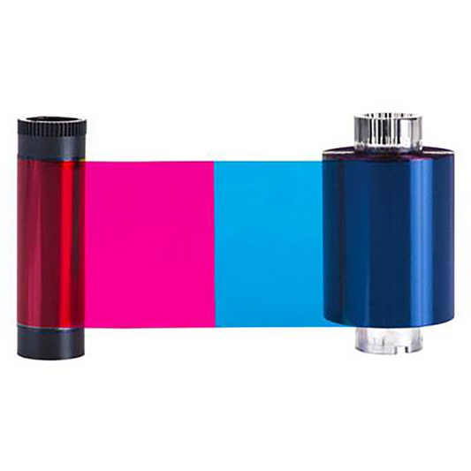 Magicard M9005-751 LC1 YMCKO ribbon roll with vivid magenta and cyan panels shown between two spools. Prints 350 full-color cards with overlay protection. For Magicard Avalon, Rio, and Tango printers.