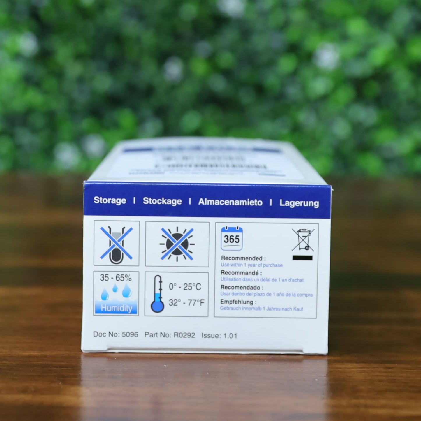 The Magicard MA300YMCKO YMCKO Color Ribbon - 300 Prints box displays storage instructions with temperature, humidity, and shelf life icons, plus recommendations in multiple languages. Photographed and sold by Specialist ID, an authorized Magicard dealer.