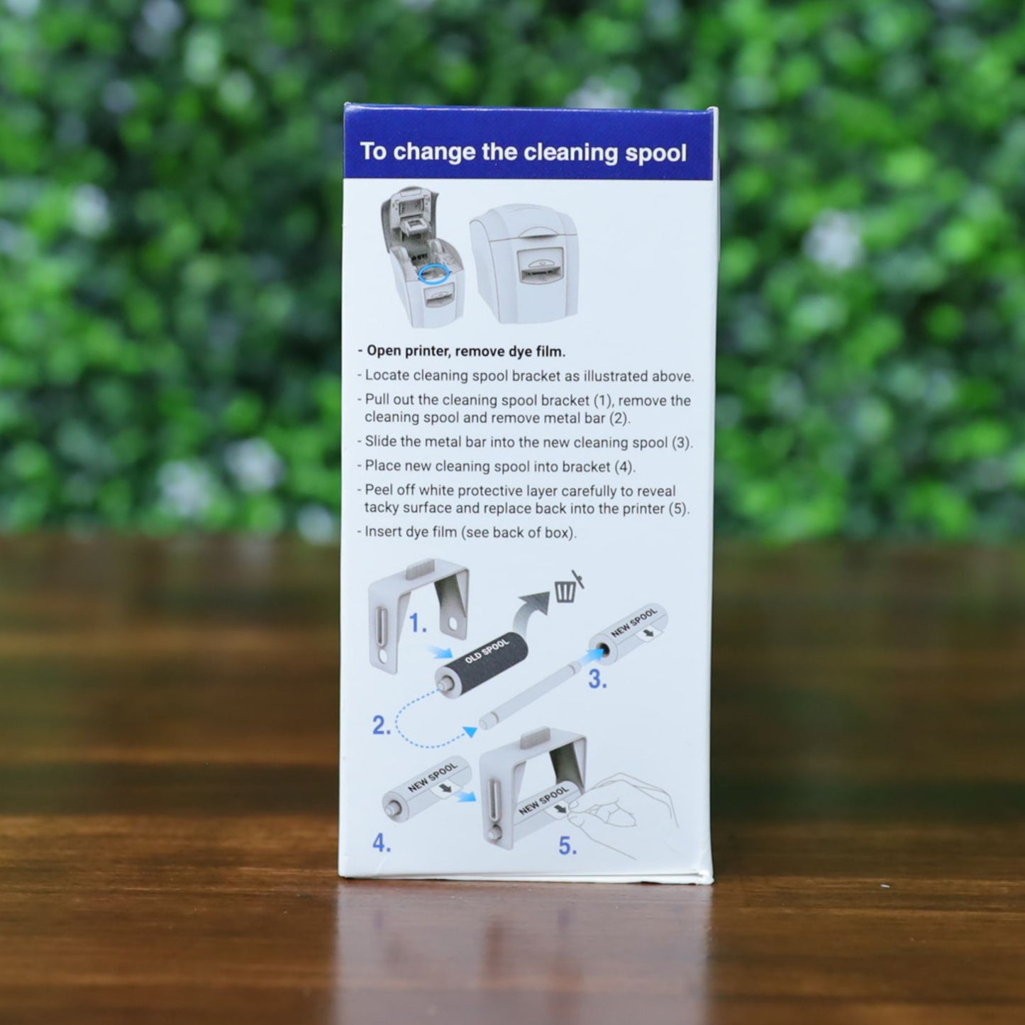 Box with step-by-step instructions and images for replacing the Magicard MA300YMCKO YMCKO Color Ribbon, compatible with 300-print cycles in your printer. Photographed and sold by Specialist ID, an authorized Magicard dealer.
