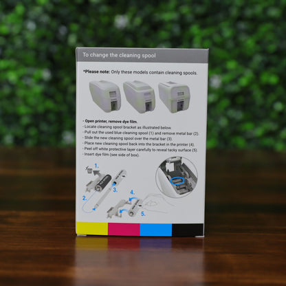 Instructional box with images and step-by-step guidance for changing the cleaning spool in select printers using the Magicard MC250YMCKOK Ribbon (250 dual-sided full-color prints), making the process easy to follow. Photographed and sold by Specialist ID, an authorized Magicard dealer.