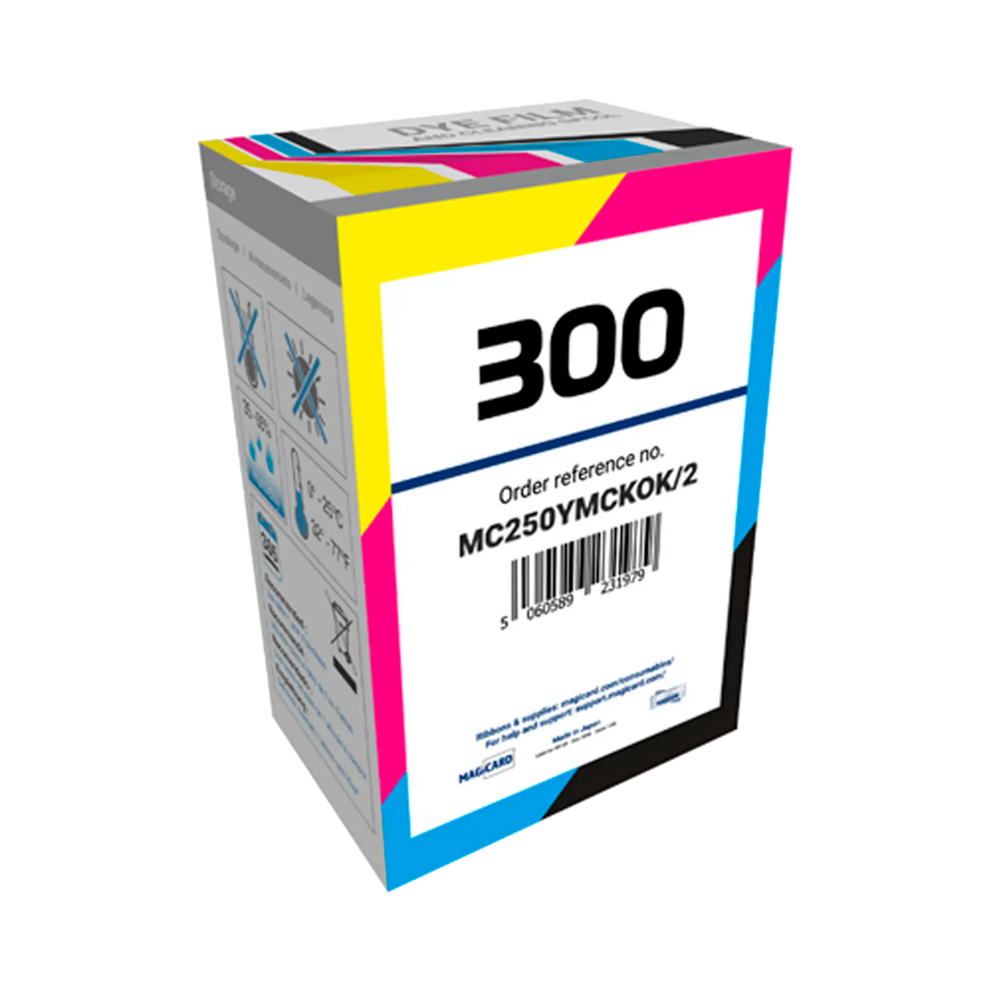 Box of Magicard MC250YMCKOK Color Ribbon – 250 dual-sided prints. Packaging shows part number “MC250YMCKOK” and is clearly labeled “Magicard 300,” confirming compatibility. Includes full YMCKOK ribbon: Yellow, Magenta, Cyan, front-side Black, Overlay panel, and a second Black for back-side printing. Blue retail packaging displays bold color coding and Magicard branding. Sold by Specialist ID, an authorized Magicard dealer.