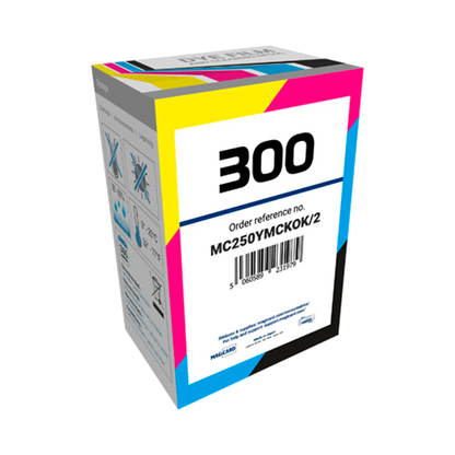 Box of Magicard MC250YMCKOK Color Ribbon – 250 dual-sided prints. Packaging shows part number “MC250YMCKOK” and is clearly labeled “Magicard 300,” confirming compatibility. Includes full YMCKOK ribbon: Yellow, Magenta, Cyan, front-side Black, Overlay panel, and a second Black for back-side printing. Blue retail packaging displays bold color coding and Magicard branding. Sold by Specialist ID, an authorized Magicard dealer.