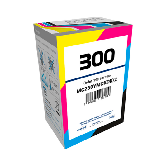 Box of Magicard MC250YMCKOK Color Ribbon – 250 dual-sided prints. Packaging shows part number “MC250YMCKOK” and is clearly labeled “Magicard 300,” confirming compatibility. Includes full YMCKOK ribbon: Yellow, Magenta, Cyan, front-side Black, Overlay panel, and a second Black for back-side printing. Blue retail packaging displays bold color coding and Magicard branding. Sold by Specialist ID, an authorized Magicard dealer.