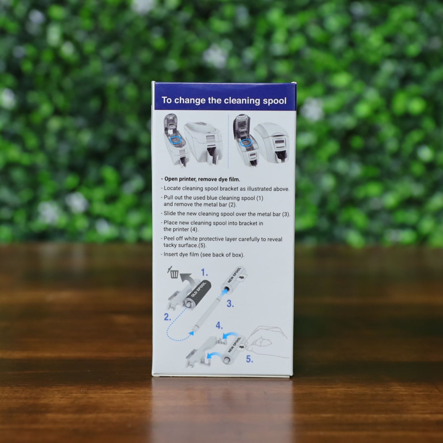 Side of Magicard MA1000K-RED ribbon box showing illustrated cleaning spool replacement instructions for compatible printers. Photographed and sold by Specialist ID, an authorized Magicard dealer.