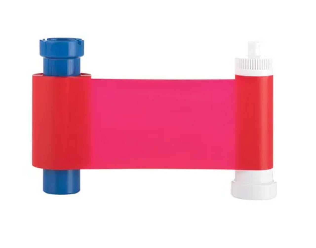 The Magicard MA1000K-RED Monochrome Red Ribbon, with blue and white cylindrical ends, is perfect for ID card printers and comes as a roll of red plastic film against a white background, offering 1000 prints. Sold by Specialist ID, an authorized Magicard dealer.