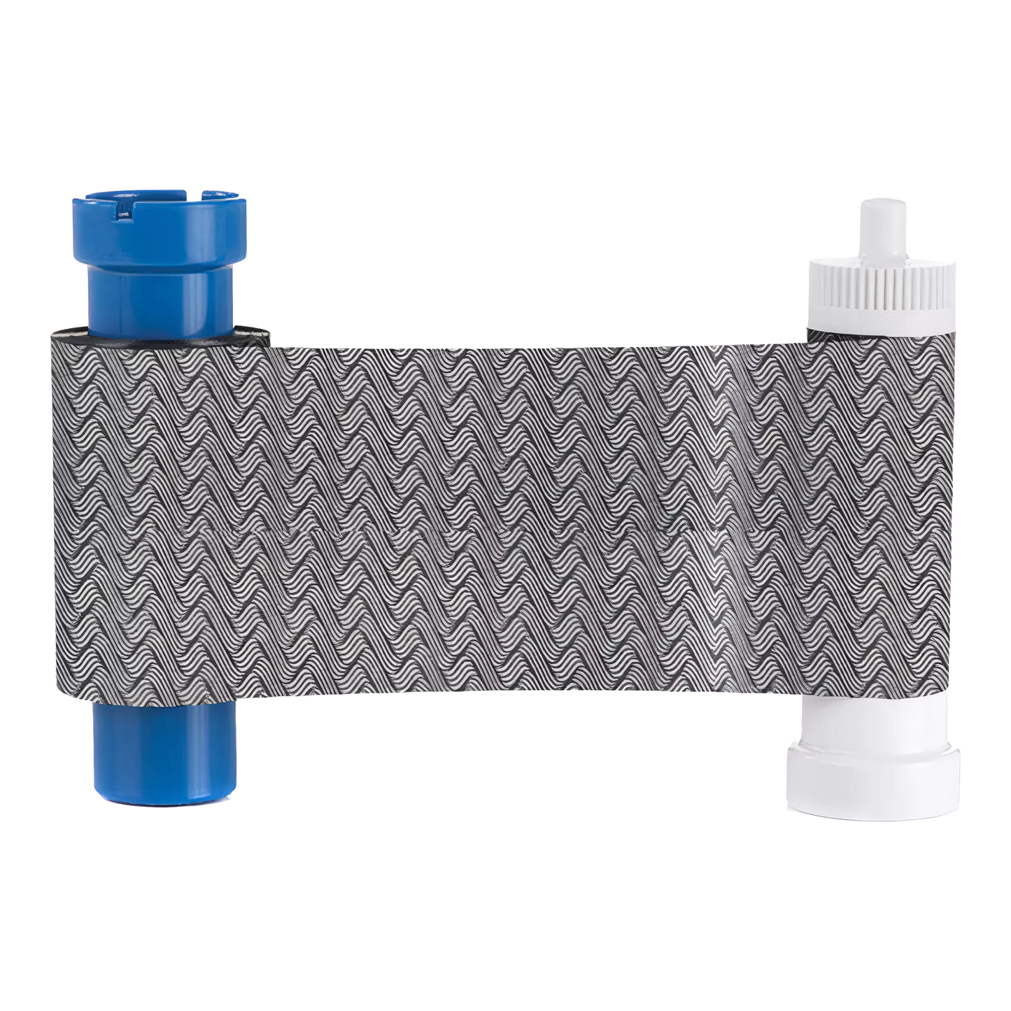 Magicard MA1000K-Scratch monochrome scratch-off ribbon with wavy gray pattern, wound between blue and white spools, sold by Specialist ID, an authorized Magicard dealer.