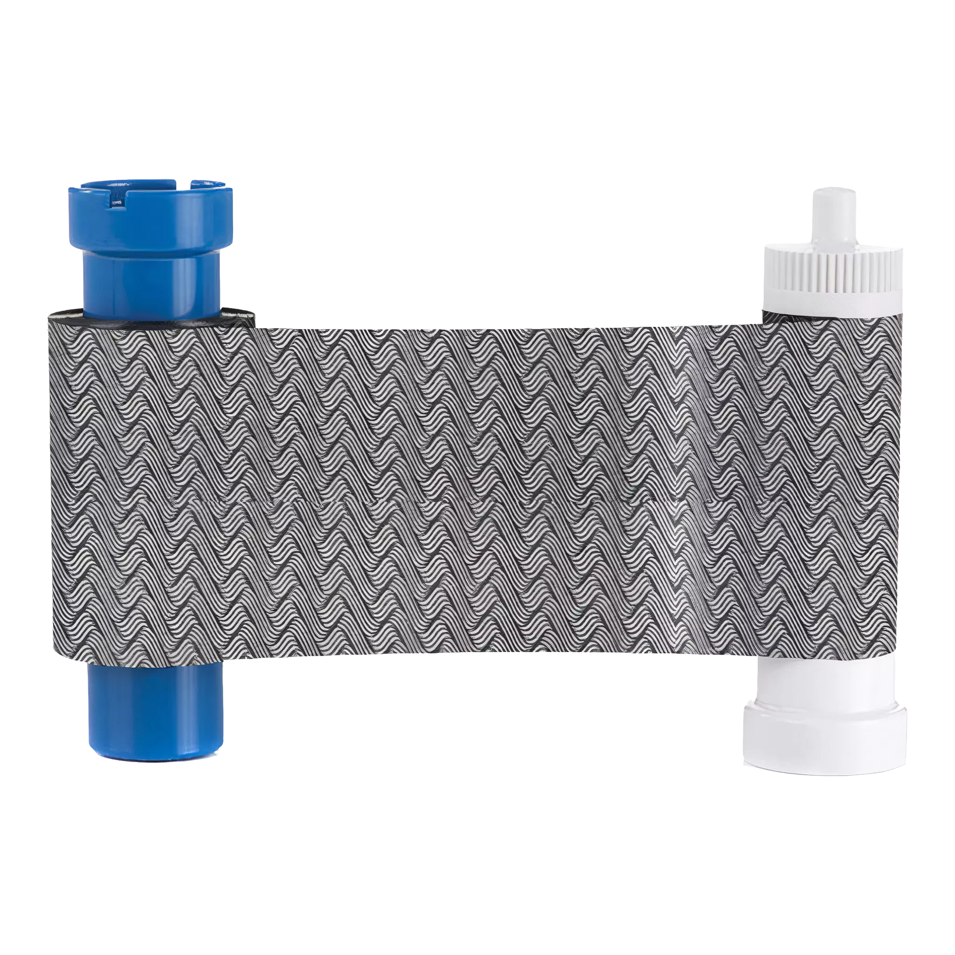 Magicard MA1000K-Scratch monochrome scratch-off ribbon with wavy gray pattern, wound between blue and white spools, sold by Specialist ID, an authorized Magicard dealer.