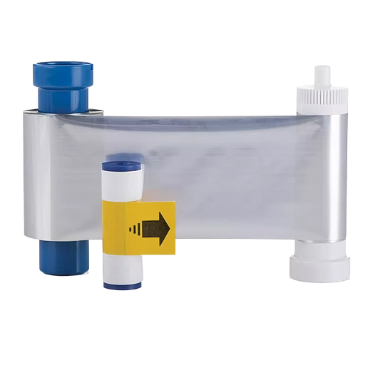 Magicard MA1000K-SILVER Monochrome Silver Ribbon in a sleek silver pouch with blue and white end caps and a yellow label showing its 1,000-print capacity with an arrow icon