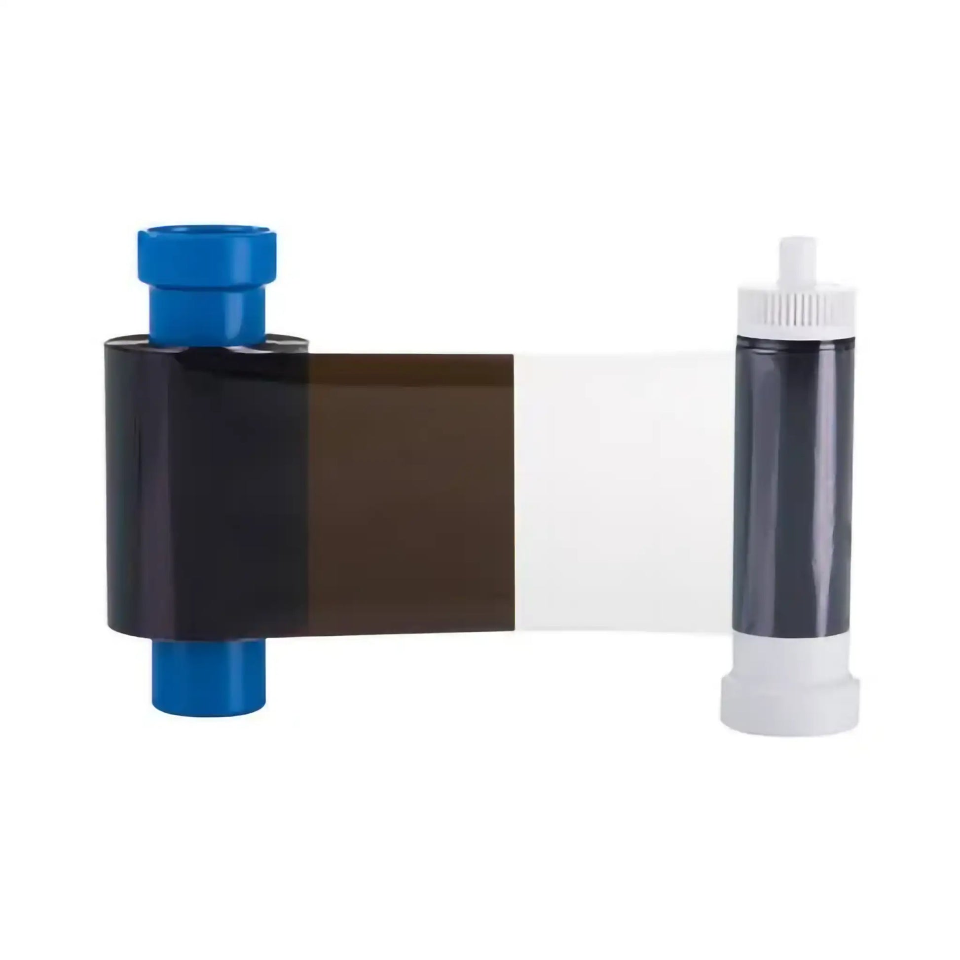 The Magicard MA600KO Black Monochrome Ribbon with Overlay, suitable for use with Enduro, Rio, and Pronto series card printers, features a plastic film ribbon with blue and white spools on either end, along with sections of black, brown, and white film. This authentic Magicard printer ribbon can produce up to 600 high-quality prints. Sold by Specialist ID, an authorized Magicard dealer.