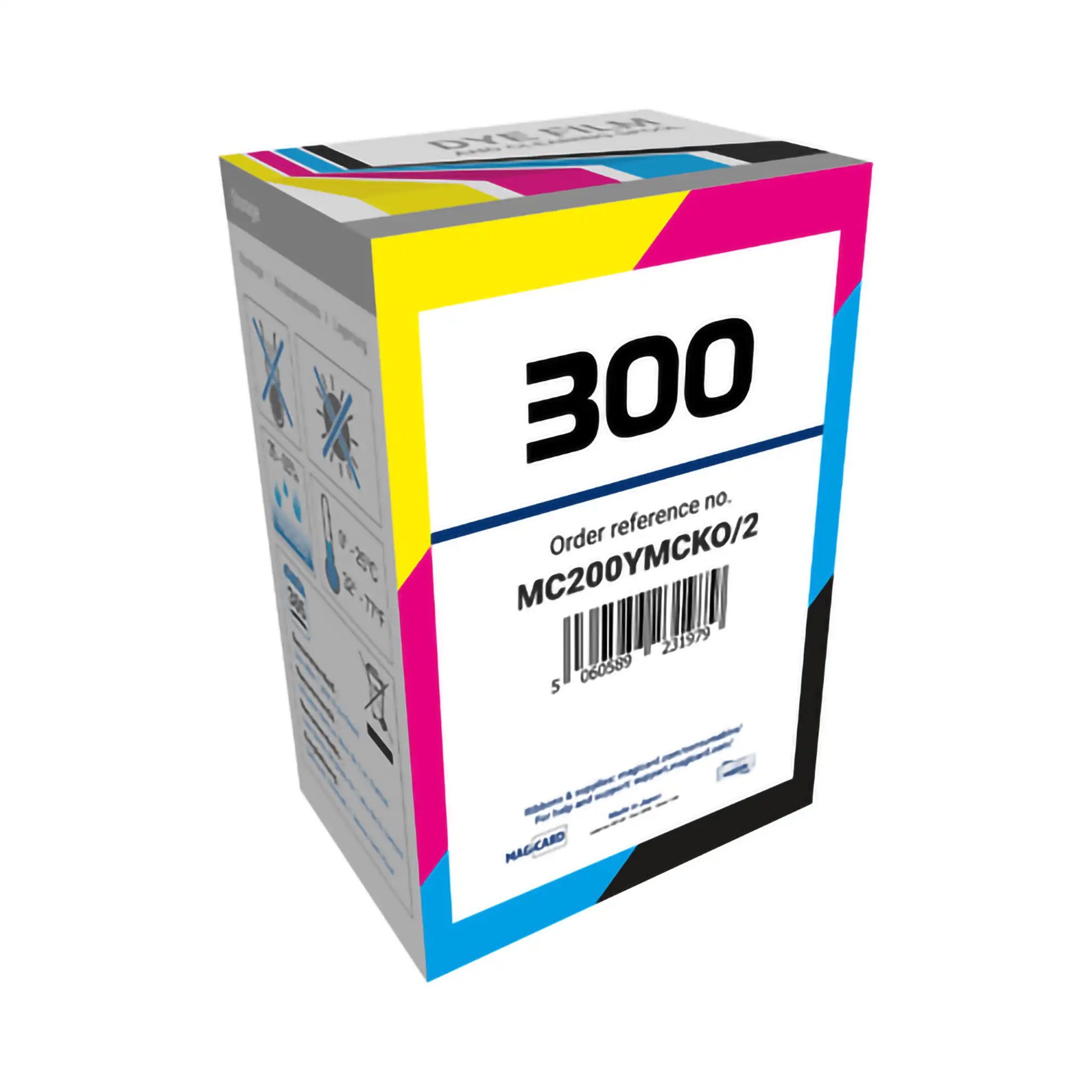 A Magicard MC200YMCKO color ribbon for the Magicard 300 ID card printer offers seamless printing with order reference "MC200YMCKO/2" and a barcode on a white background, allowing for 200 vibrant prints. Sold by Specialist ID, an authorized Magicard dealer.