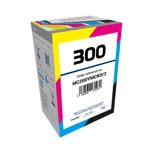 A Magicard MC200YMCKO color ribbon for the Magicard 300 ID card printer offers seamless printing with order reference "MC200YMCKO/2" and a barcode on a white background, allowing for 200 vibrant prints. Sold by Specialist ID, an authorized Magicard dealer.