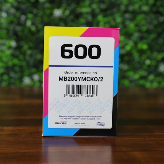 Front of Magicard MB200YMCKO/2 ribbon box featuring bold 600 label, order reference number, and barcode. Designed for the Magicard 600 printer. Photographed and sold by Specialist ID, an authorized Magicard dealer.