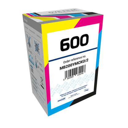 Colorful Magicard MB200YMCKO/2 ribbon box labeled “600” – genuine YMCKO color ribbon for 200 prints with overlay, compatible with Magicard 600 printer. Storage icons and barcode visible. Sold by Specialist ID, an authorized Magicard dealer.