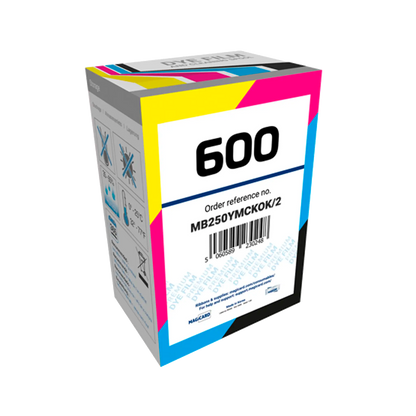 A box of Magicard MB250YMCKOK Color Ribbon - 250 Prints, Compatible with Magicard 600 ID Card Printer with the label "600" and order reference number MB250YMCKOK/2 printed on it, featuring multiple colors including cyan, magenta, yellow, and black. Sold  by Specialist ID, an authorized Magicard dealer.