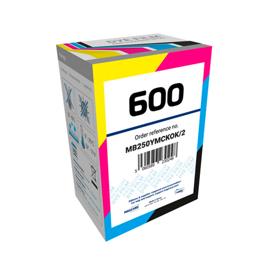 A box of Magicard MB250YMCKOK Color Ribbon - 250 Prints, Compatible with Magicard 600 ID Card Printer with the label "600" and order reference number MB250YMCKOK/2 printed on it, featuring multiple colors including cyan, magenta, yellow, and black. Sold  by Specialist ID, an authorized Magicard dealer.