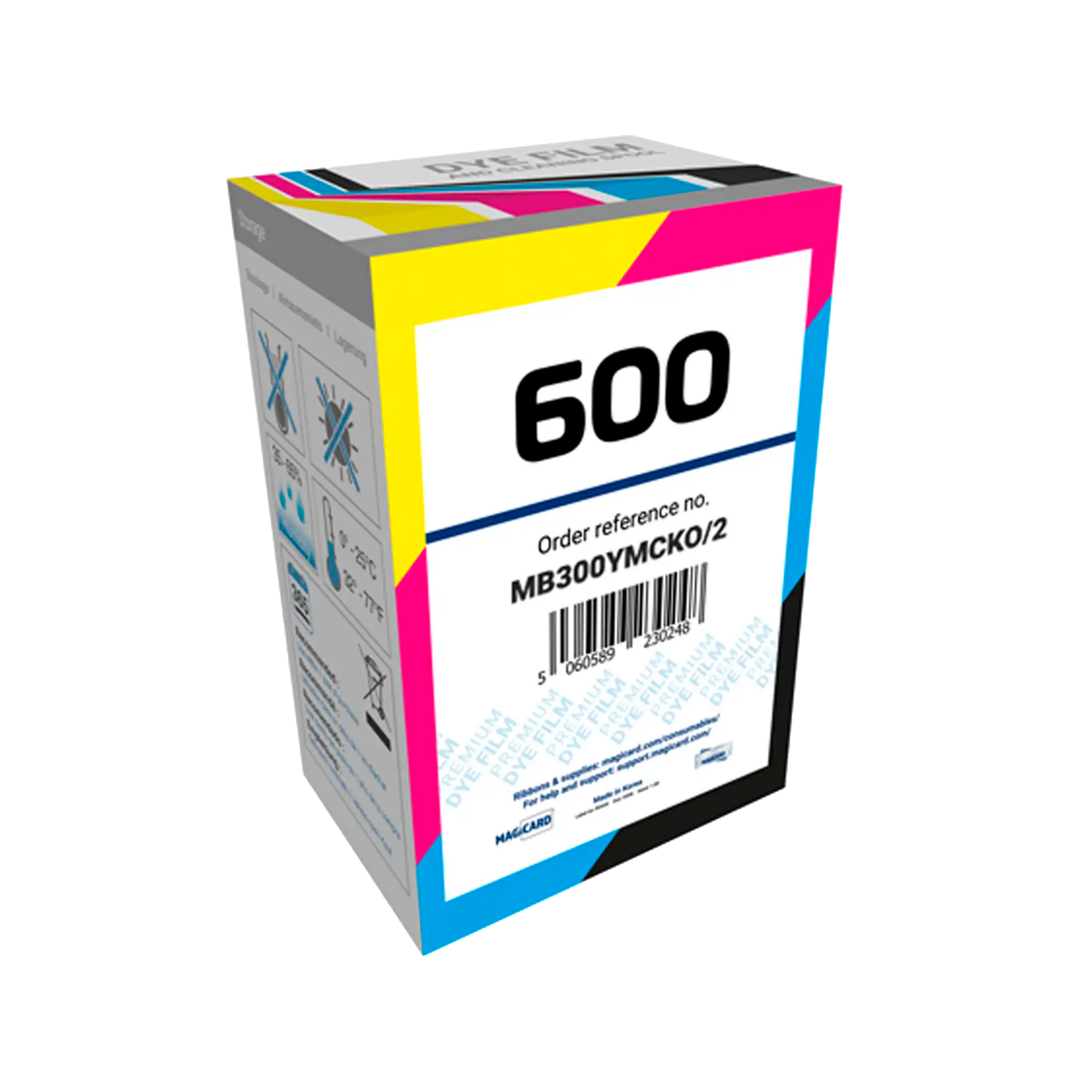 Colorful box labeled "600" with order reference number MB300YMCKO/2, designed for the Magicard 600 ID card printer. It features various product details, barcodes, and handling instructions on the sides. This box contains Magicard MB300YMCKO YMCKO Ribbon - 300 Prints essential for high-quality ID card printing. Sold by Specialist ID, an authorized Magicard dealer.