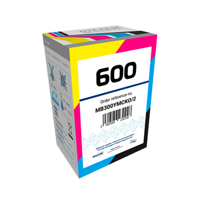 Colorful box labeled "600" with order reference number MB300YMCKO/2, designed for the Magicard 600 ID card printer. It features various product details, barcodes, and handling instructions on the sides. This box contains Magicard MB300YMCKO YMCKO Ribbon - 300 Prints essential for high-quality ID card printing. Sold by Specialist ID, an authorized Magicard dealer.