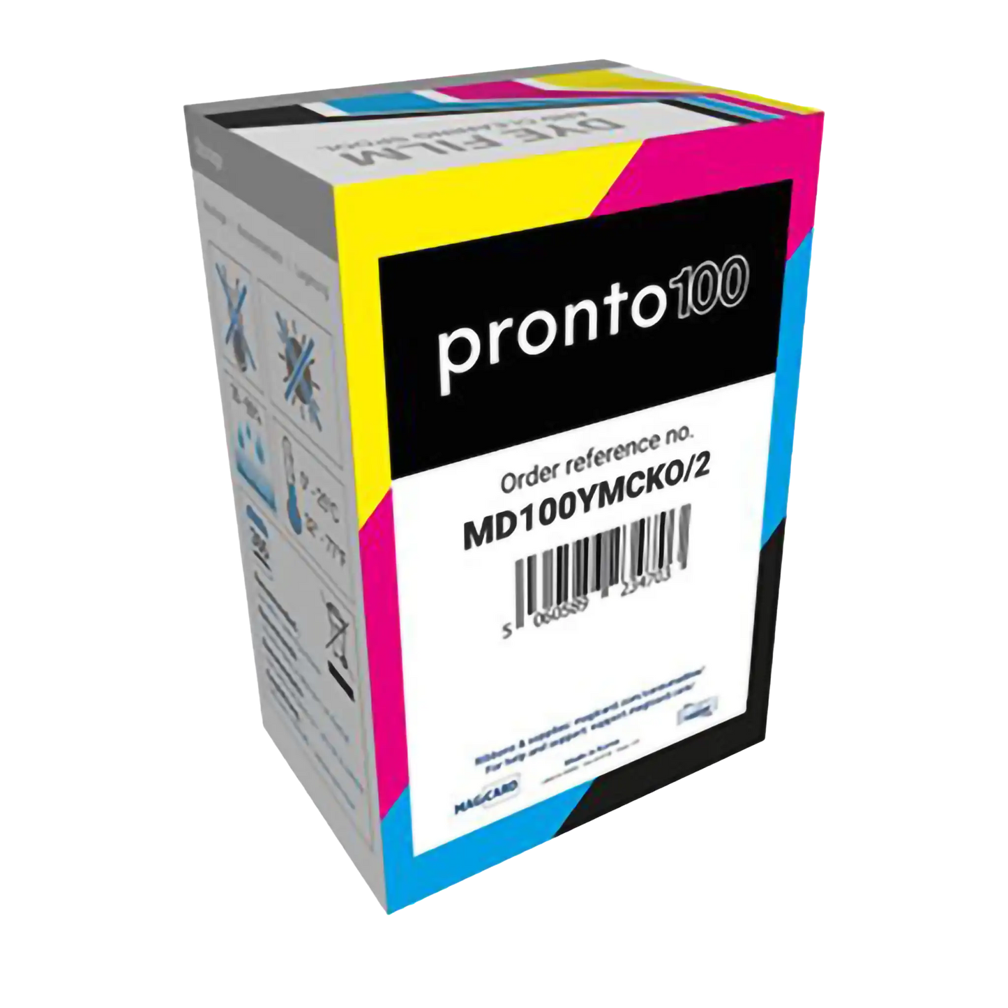 Retail packaging for Magicard MD100YMCKO color ribbon, compatible with the Pronto100 ID Card Printer. The box shows barcode, part number MD100YMCKO/2, and full-color printing icons. Sold by Specialist ID, an authorized Magicard Dealer.