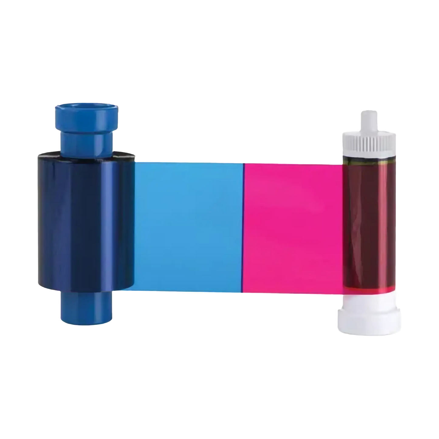 The Magicard MD100YMCKO YMCKO Ribbon, compatible with the Pronto100 ID Card Printer and capable of producing 100 prints, features segments of black, blue, pink, and transparent film. It's perfect for full-color card printing, producing vibrant images and clear text. Sold by Specialist ID, an authorized Magicard Dealer.