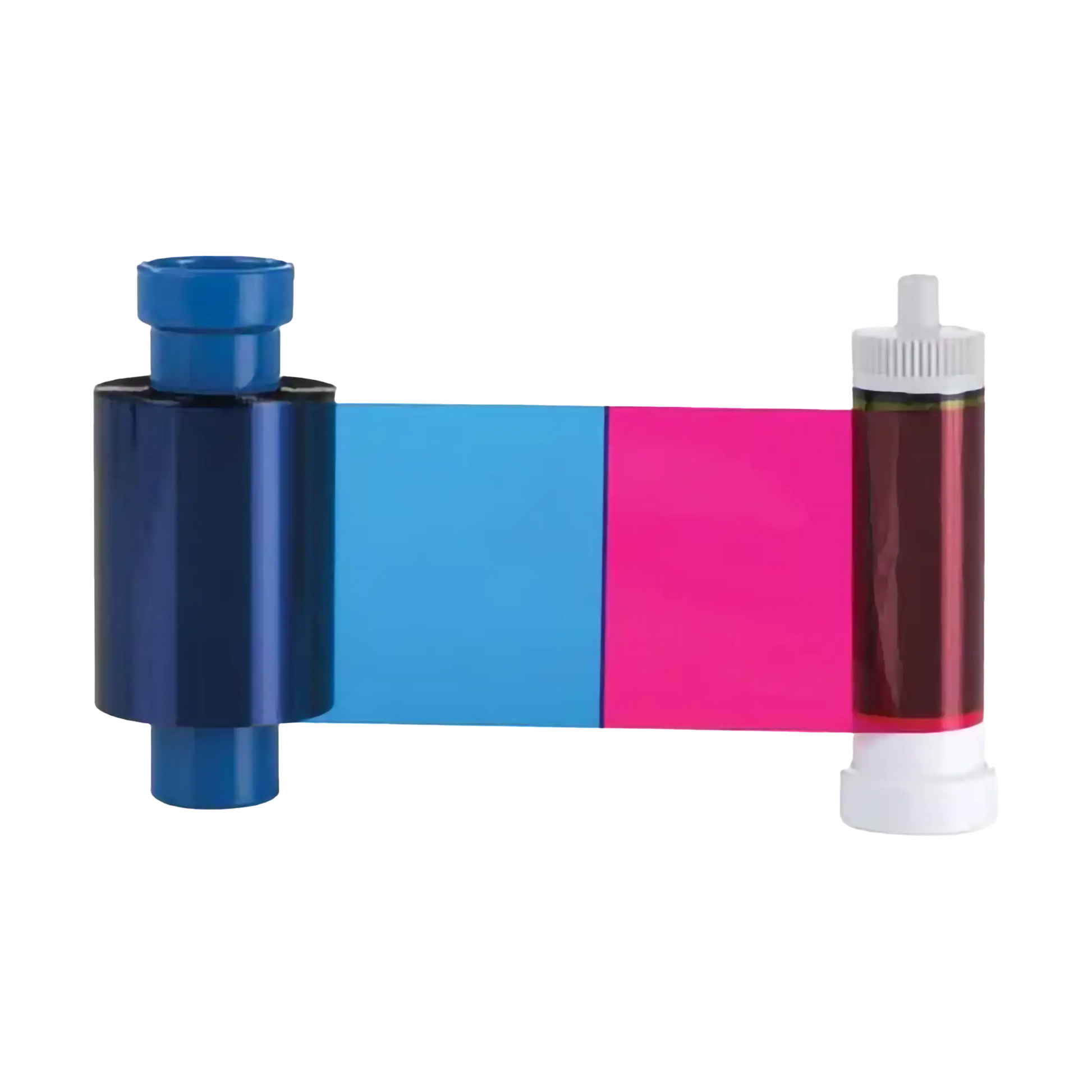 The Magicard MD100YMCKO YMCKO Ribbon, compatible with the Pronto100 ID Card Printer and capable of producing 100 prints, features segments of black, blue, pink, and transparent film. It's perfect for full-color card printing, producing vibrant images and clear text. Sold by Specialist ID, an authorized Magicard Dealer.