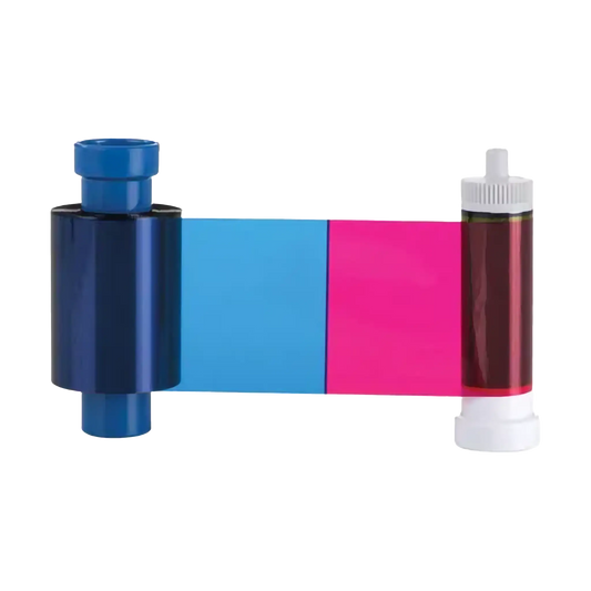 The Magicard MD100YMCKO YMCKO Ribbon, compatible with the Pronto100 ID Card Printer and capable of producing 100 prints, features segments of black, blue, pink, and transparent film. It's perfect for full-color card printing, producing vibrant images and clear text. Sold by Specialist ID, an authorized Magicard Dealer.