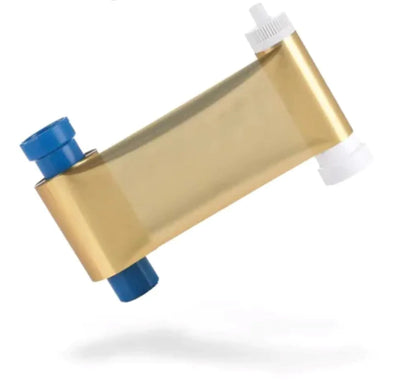 Magicard PR1000GL Monochrome Gold Ribbon for PriceCardPro 100 and Flex+ ID card printers, yields up to 1000 prints—perfect consumable for clear, vibrant gold monochrome cards; product photographed against a white background. Sold by Specialist ID, an authorized Magicard dealer.