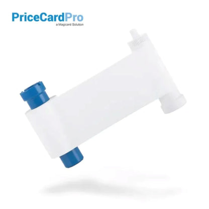 Magicard PR1000W white monochrome ribbon for PriceCardPro printers, shown with clean blue spools and white ribbon on a plain background. Ideal for printing price tags or labels. High-contrast product rendering. Sold by Specialist ID, an authorized Magicard dealer.