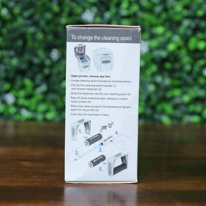 Side of the Magicard PR300COL YMCKO ribbon box showing detailed cleaning spool replacement instructions with numbered illustrations and printer diagrams. Photographed and sold by Specialist ID, an authorized Magicard dealer.