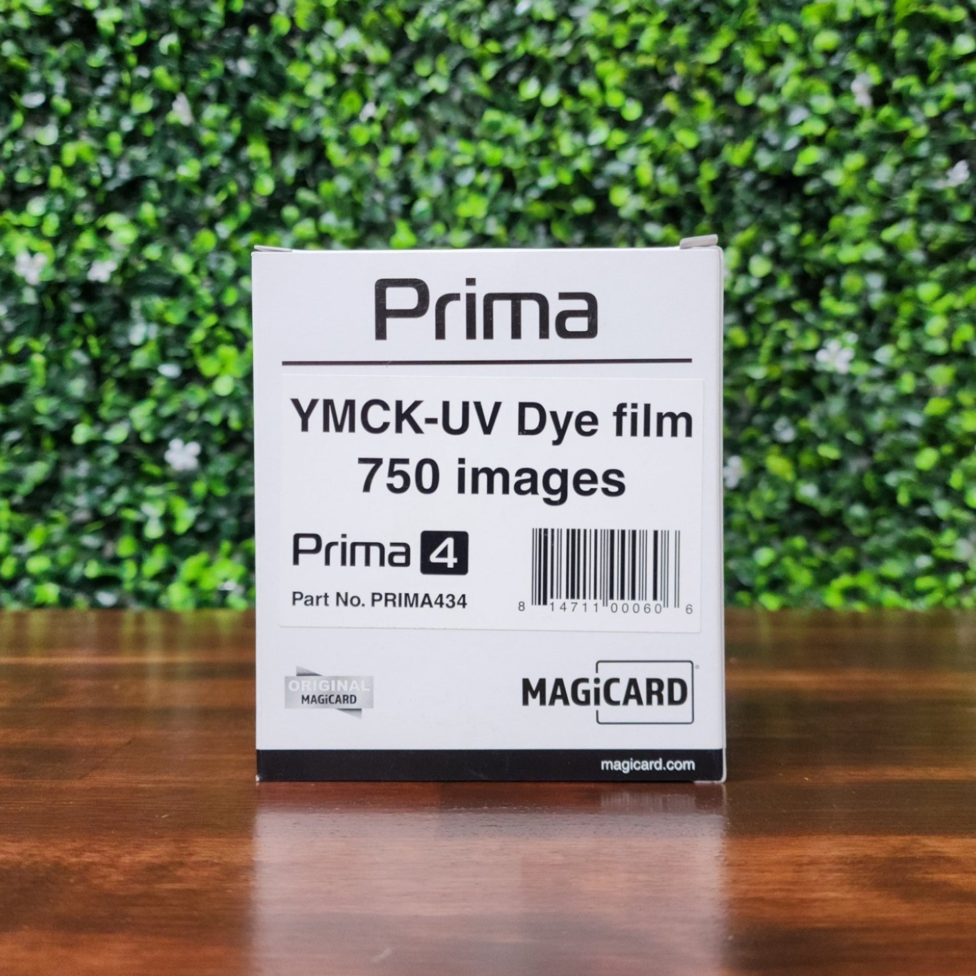 Front view of the Magicard Prima434 YMCK-UV Dye Film box. Labeled for 750 images and compatible with the Magicard Prima 4 printer series. Clearly displays the part number PRIMA434, barcode, and Magicard branding on a white box. Used for producing full-color ID cards with UV security overlay.
Photographed and sold by Specialist ID, an authorized Magicard dealer.