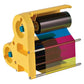 Yellow cartridge of Magicard Prima434 YMCK-UV ribbon showing five color panels—Yellow, Magenta, Cyan, Black, and UV—mounted on a yellow plastic frame for Prima 4 retransfer printers. Sold by Specialist ID, an authorized Magicard dealer.