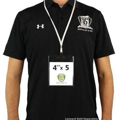 A person wearing a black polo shirt with a white logo and a lanyard holding a 4 3/8 x 5" Clear Vertical Large Event Badge Holder (P/N 306-4755) displaying a card that reads "4 3/8 x 5". The text "Lanyard Sold Separately" is shown at the bottom.