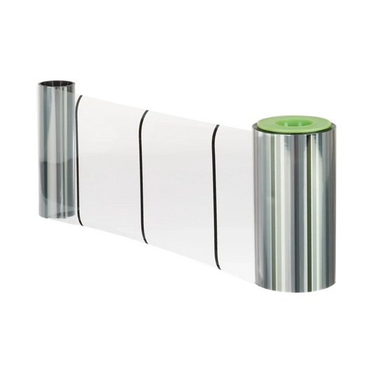 The Matica PR000819 Retransfer Film, capable of delivering up to 1000 prints, features clear plastic film with black stripes positioned perpendicularly. It is wound around two cylindrical spools and includes a green core on one spool, making it ideal for Matica ID card printers and retransfer printing technology.