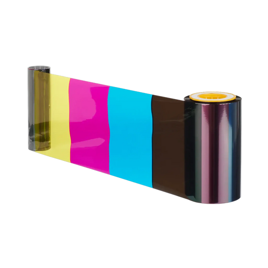 The Matica PR000816 YMCK Ribbon, compatible with XID card printers, features sections of yellow, pink, blue, and black and is perfect for high-volume printing with a capacity of 1000 prints.