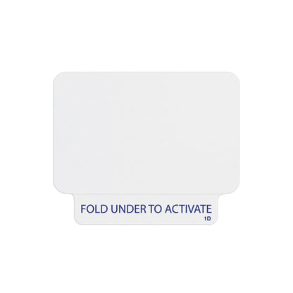 Valid one-piece self-expiring badge with fold-under activation tab reading FOLD UNDER TO ACTIVATE, part T2031