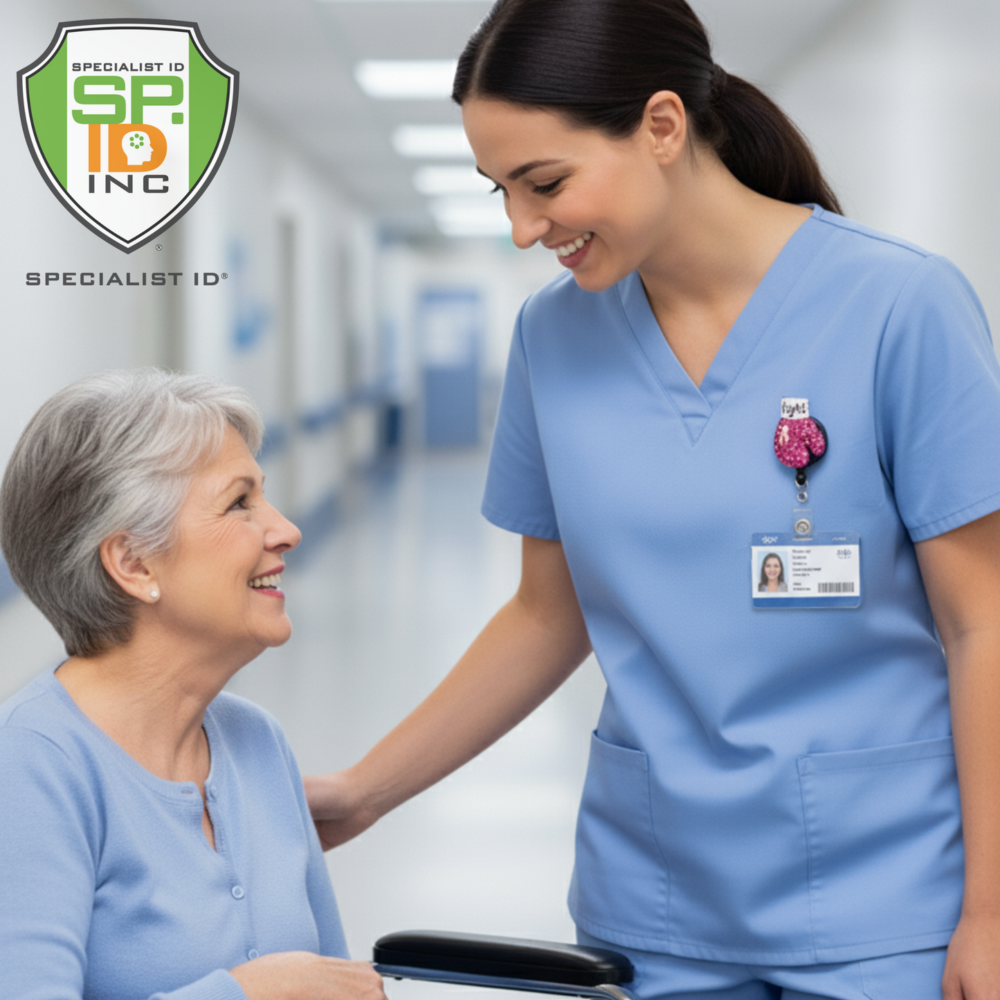 Nurse in blue scrubs interacting with a patient in a hospital setting, with Specialist ID Inc logo.