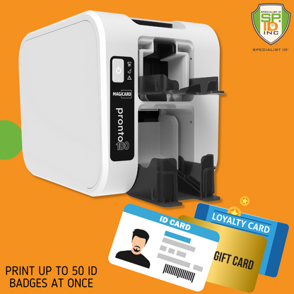 The Magicard Pronto100 ID Card Printer in white is pictured with three sample cards—ID, loyalty, and gift—against an orange background. It features single-sided printing and can produce up to 50 ID badges at a time.