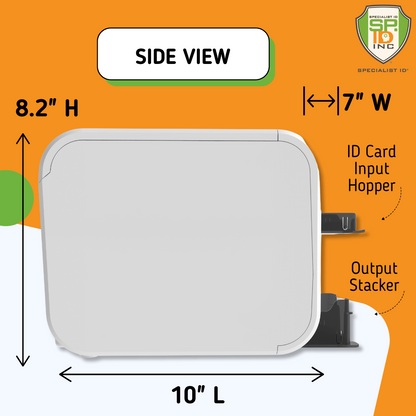 Side view of a device with dimensions (8.2" H - 7" W - 10" L) and the input hopper and output stacker displaying side view on an orange background. Sold by Specialist ID.