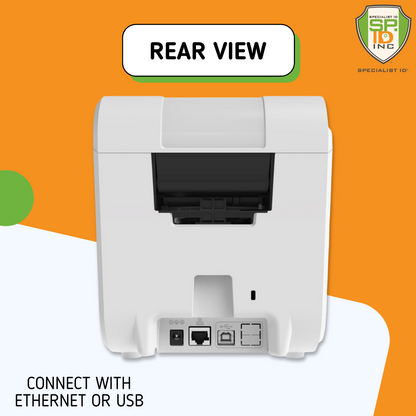 Back view of a device with Ethernet and USB connectivity options on an orange background. Sold by Specialist ID.