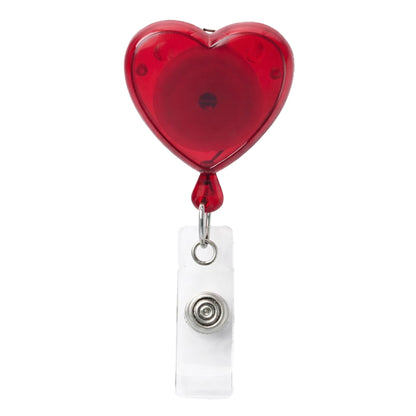 The Heart Shaped Badge Reel With Rotating Spring Clip (P/N 2120-761X) is a fun, functional red badge holder with a clear plastic rotating clip and metal button—perfect for everyday use.