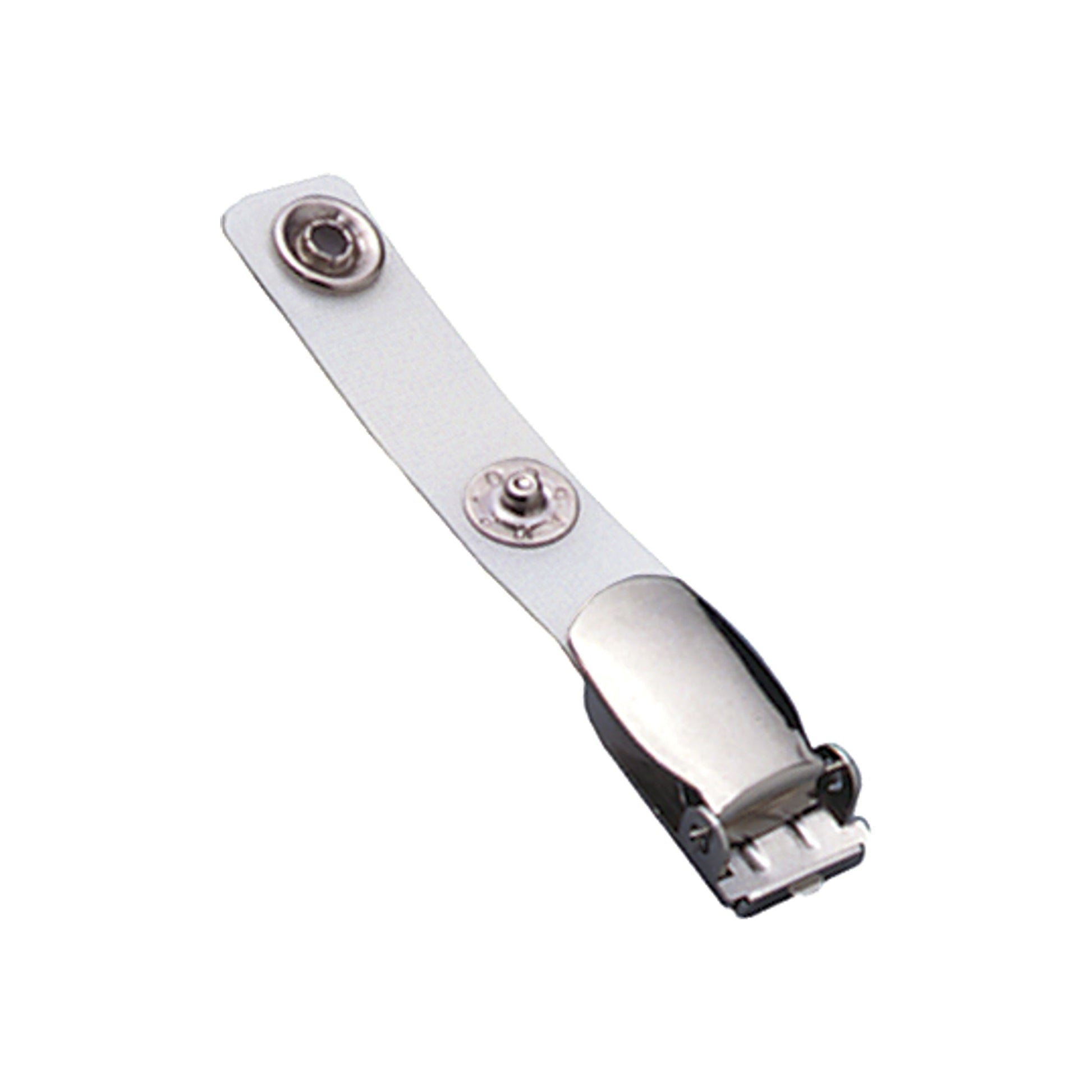 The Reinforced Vinyl Strap Clip with Suspender Clip (2120-1000) securely attaches ID badges with its clear reinforced vinyl strap, metal snap, and extra strong suspender clip for heavy-duty use.