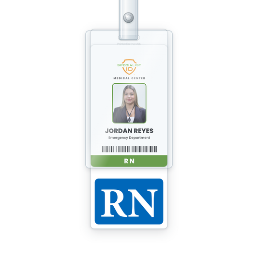 RN XL badge buddy worn behind a hospital ID badge in a clear holder on a vinyl strap clip, with the full RN title showing below the holder